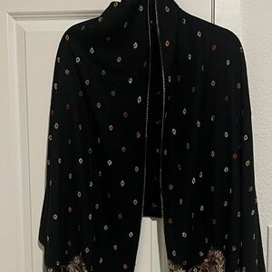 Black wool shawl / wrap hand embroidery with sparkling beads with Fringe.